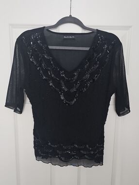 Shun He Zhu Xiu Y2K Beaded Sequined V Neck Mesh Sleeves Top Black M